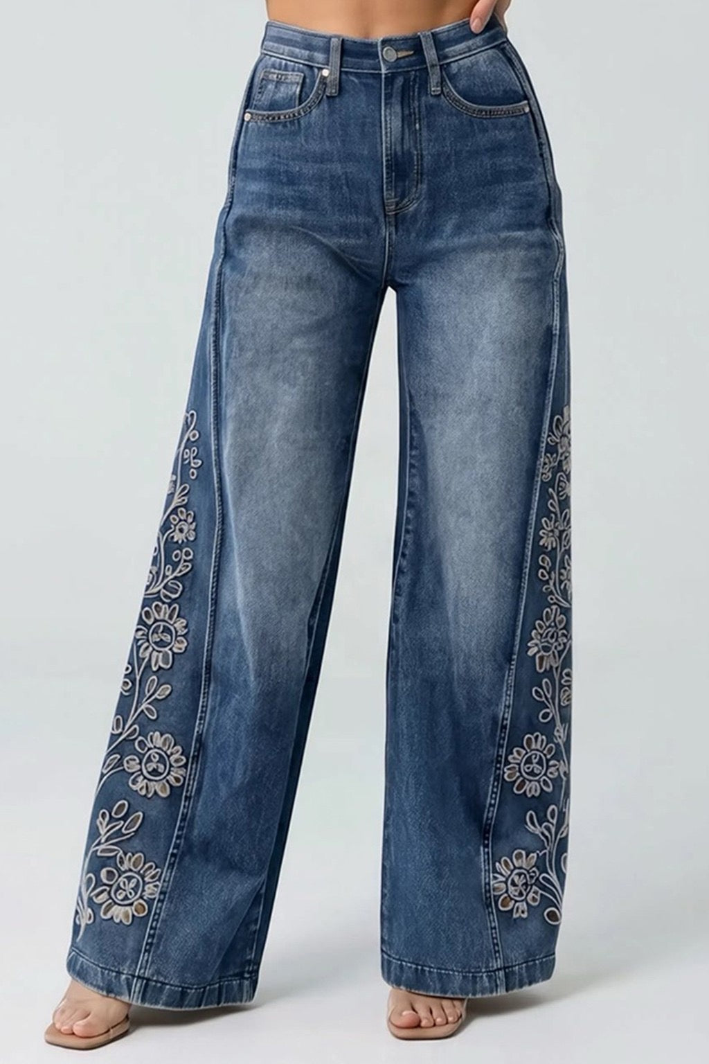 Saige Embroidered Wide Leg Denim