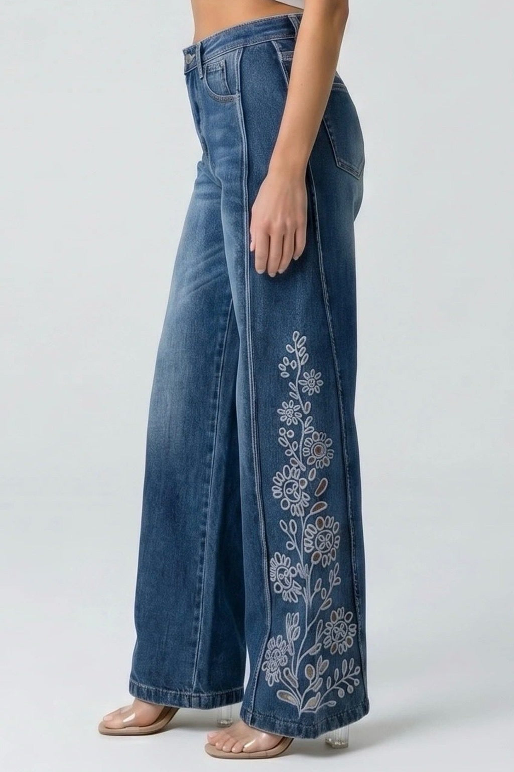 Saige Embroidered Wide Leg Denim