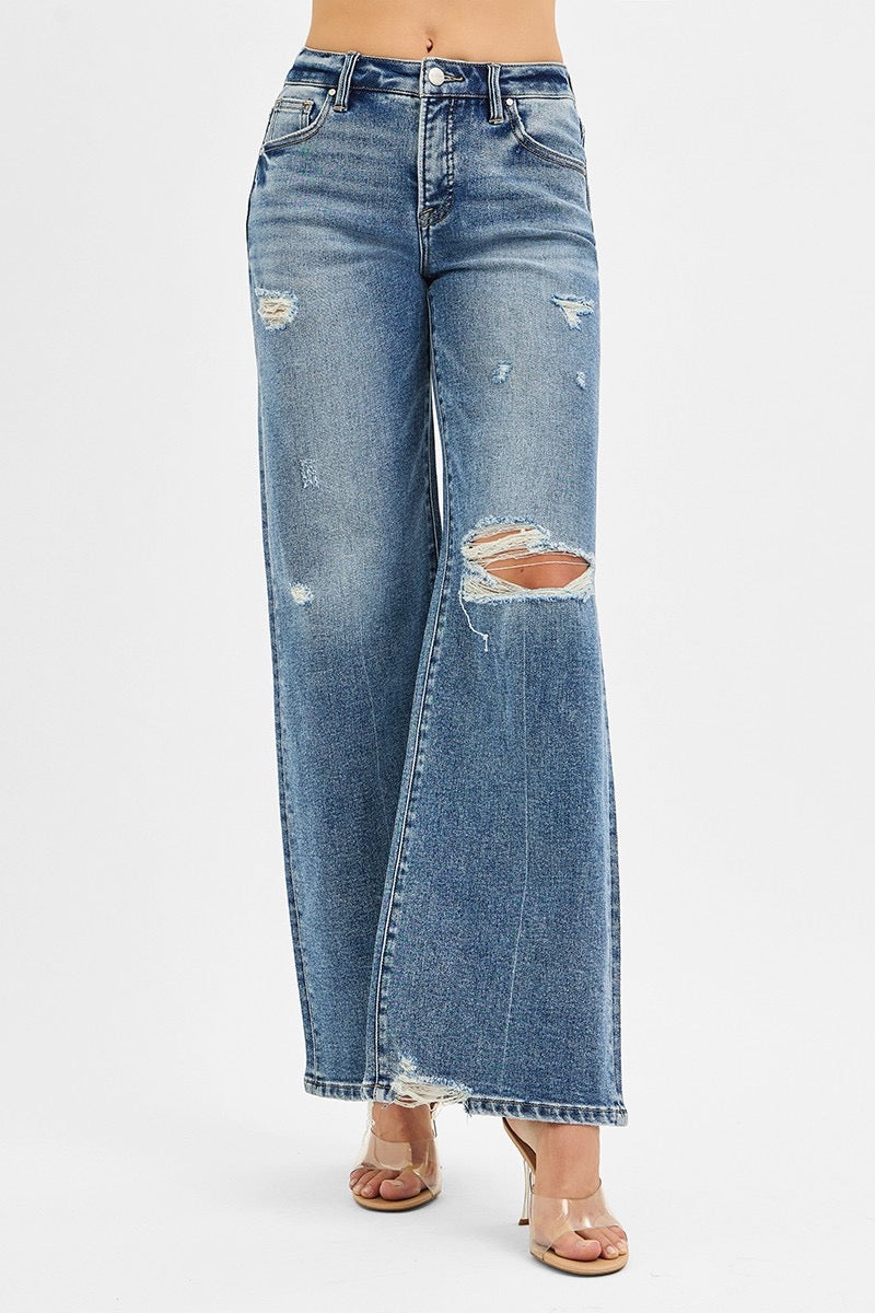 Risen Wide Leg Mid Rise Denim