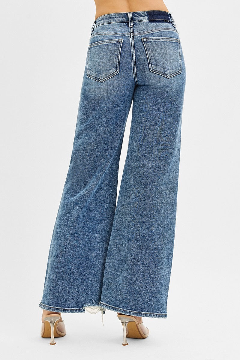 Risen Wide Leg Mid Rise Denim