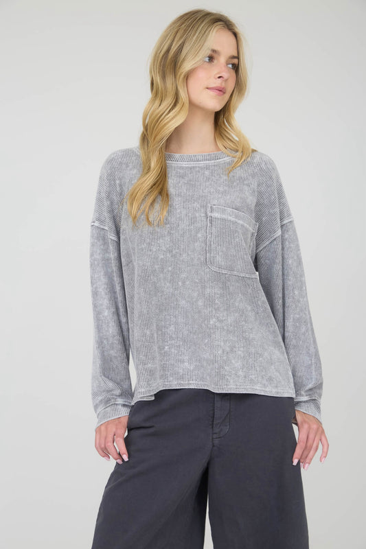 Washed Ribbed Long Sleeve Knit Top