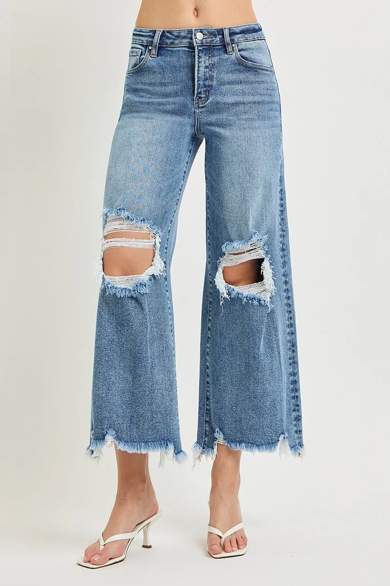 Risen Distressed Wide Crop Jeans