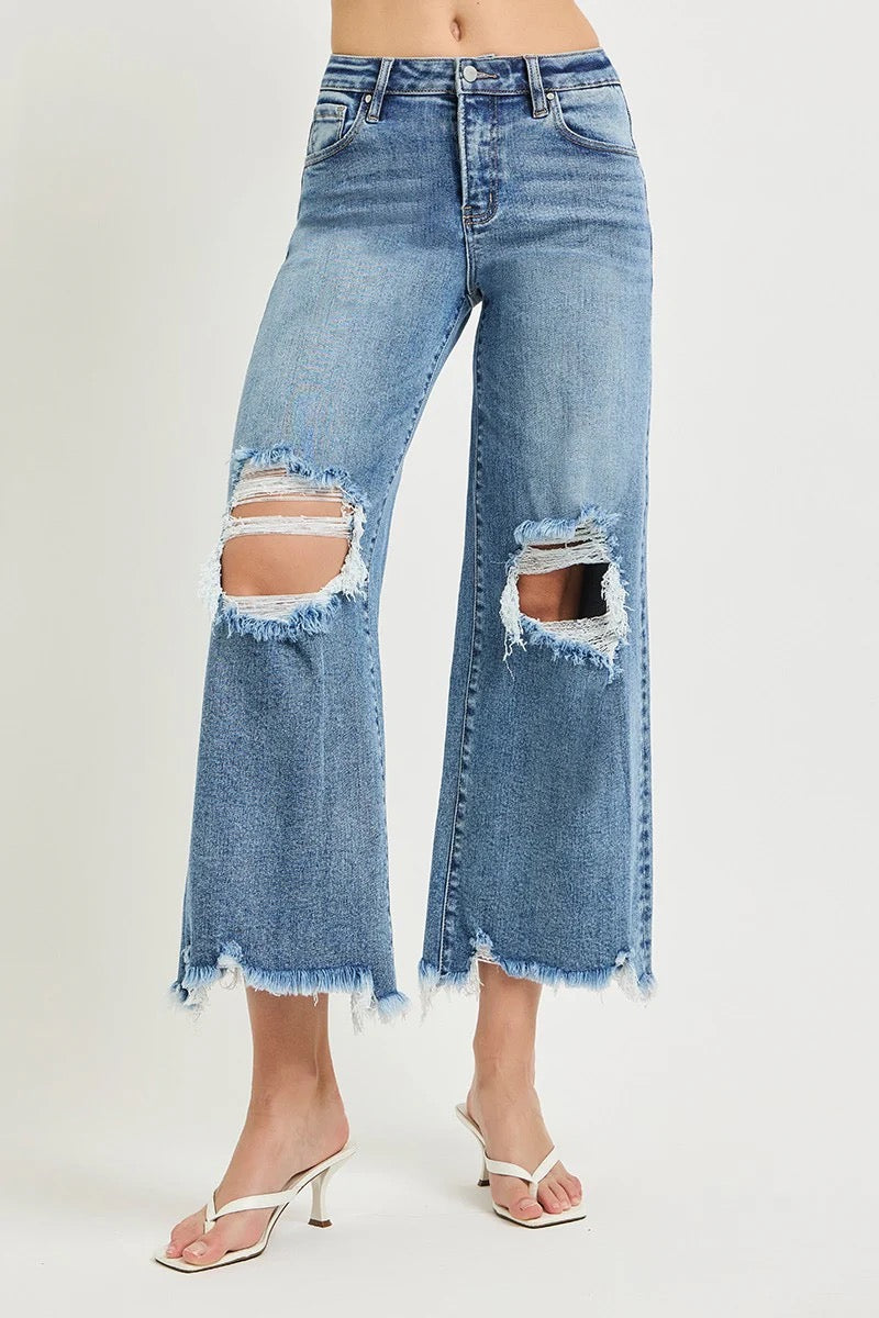 Risen Distressed Wide Crop Jeans