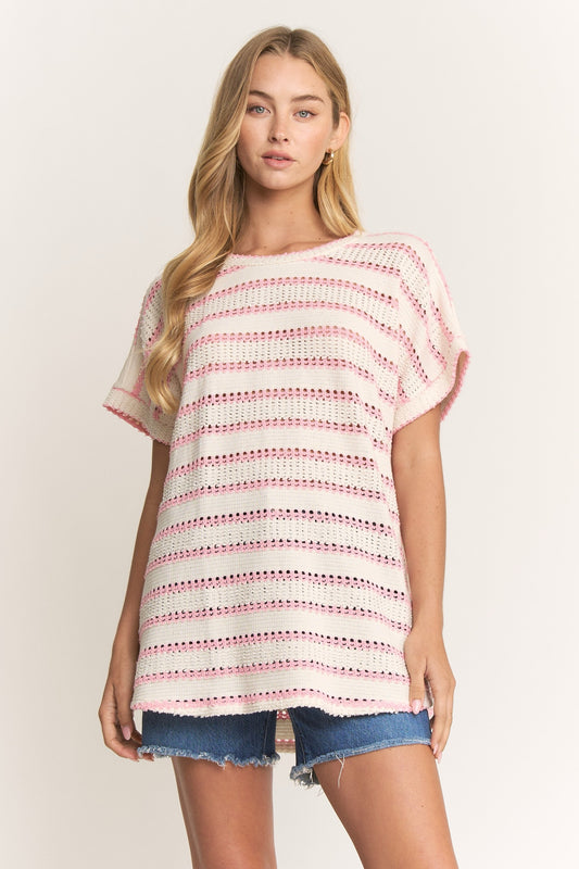 Pink Stripe Open Knit Top