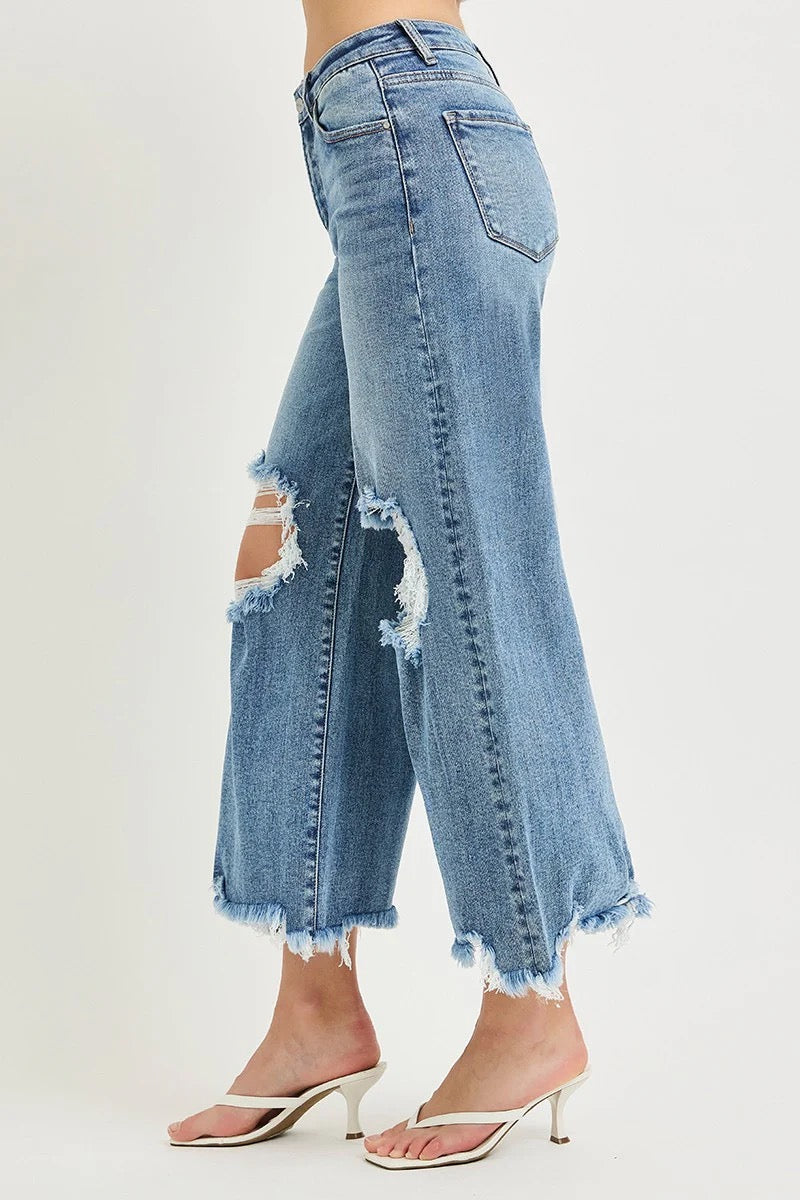 Risen Distressed Wide Crop Jeans