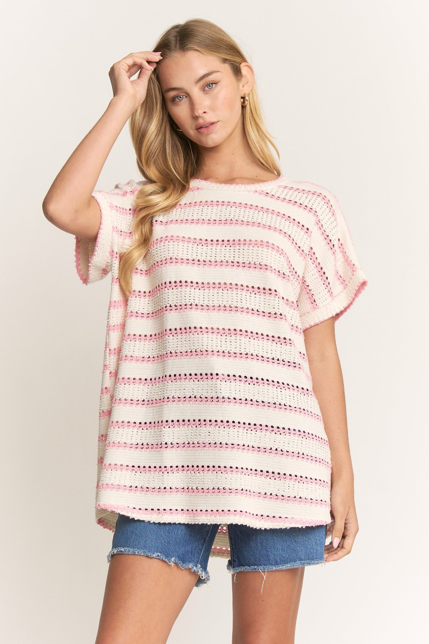 Pink Stripe Open Knit Top