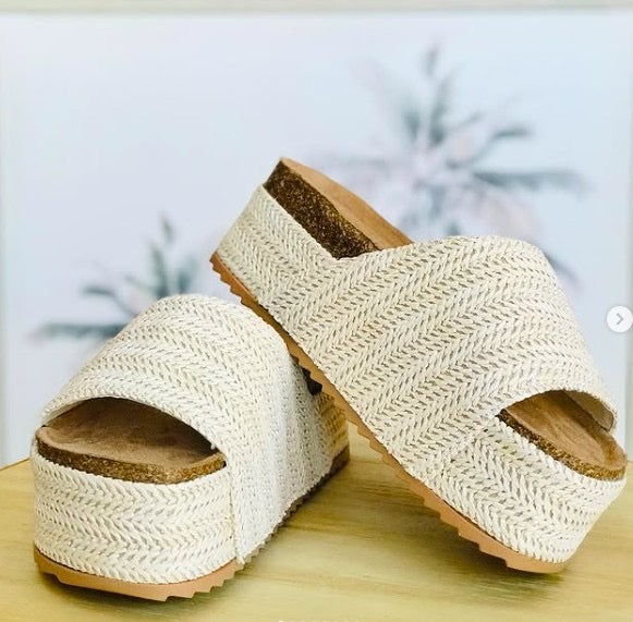 Beige Raffia Platform Sandals