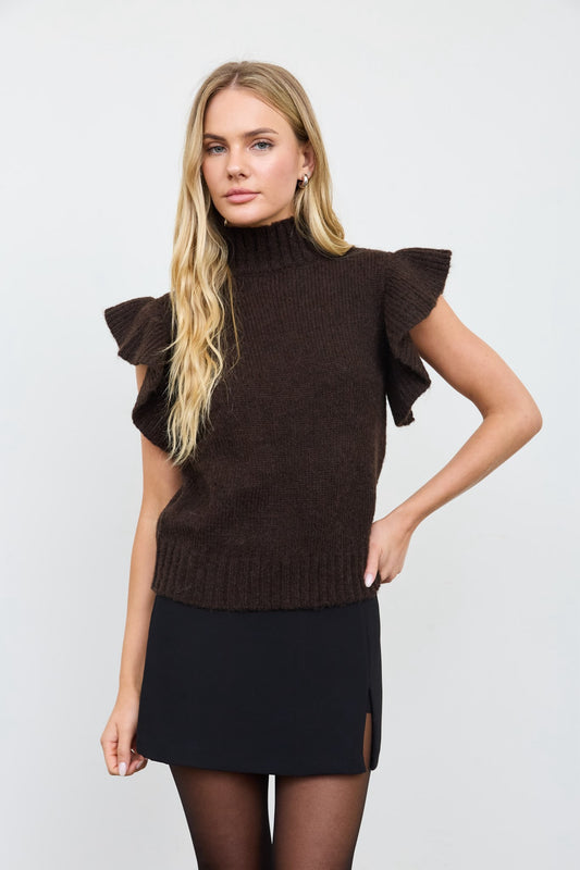 Ribbed Ruffle Sleeve Mock Neck Sweater