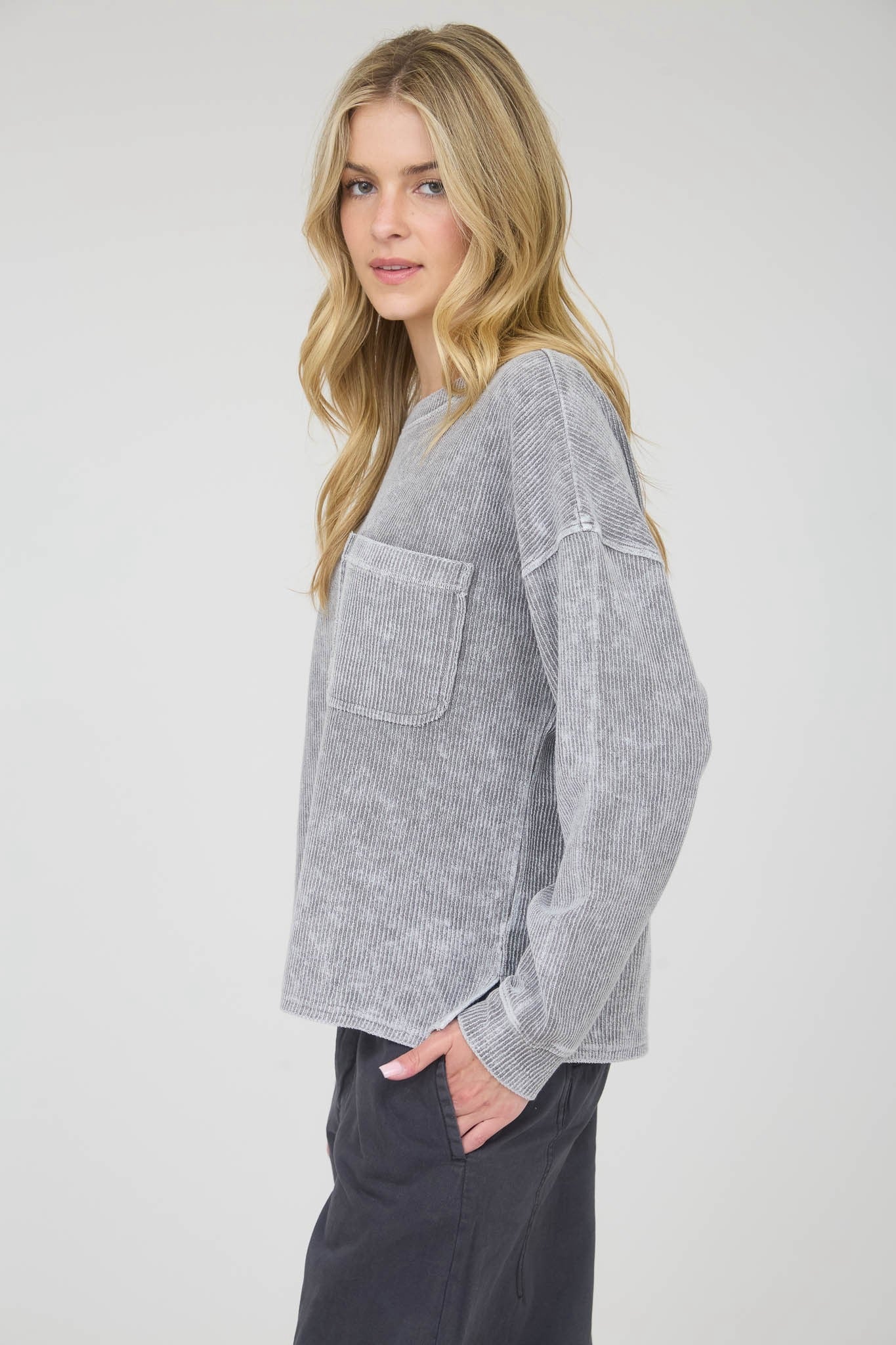Washed Ribbed Long Sleeve Knit Top