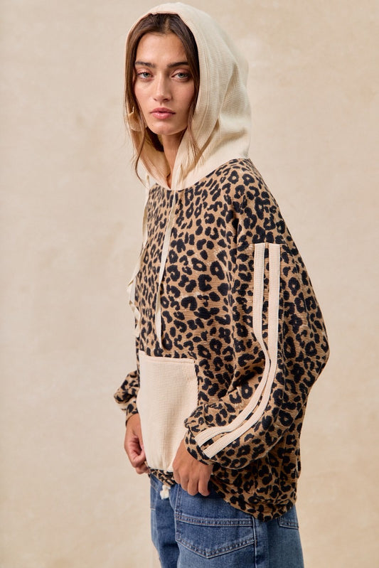 Thermal Waffle Leopard Hoodie Top