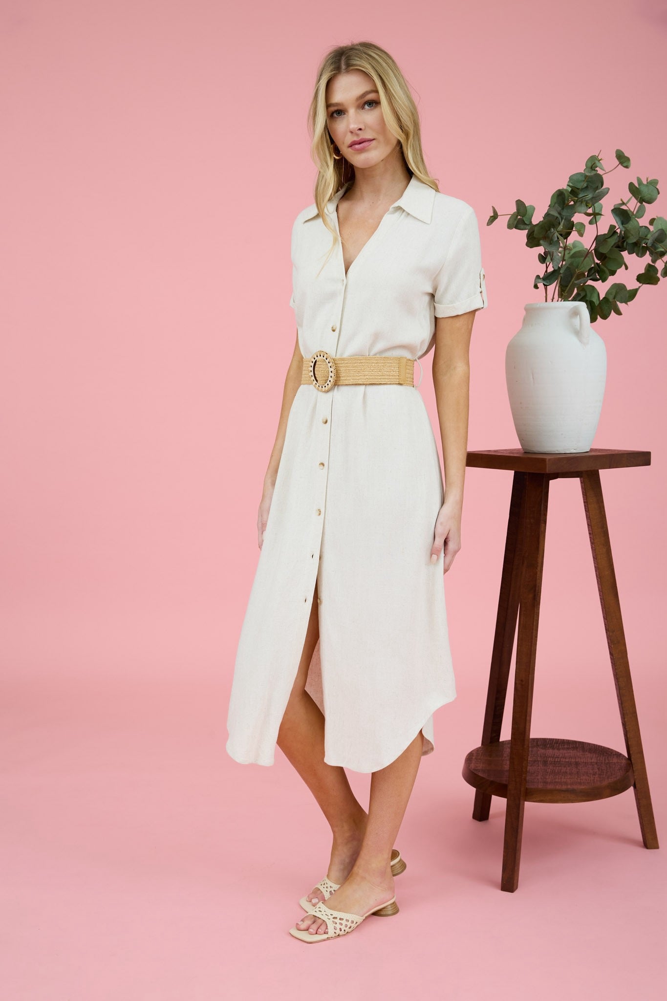 Linen Belted Midi Dress